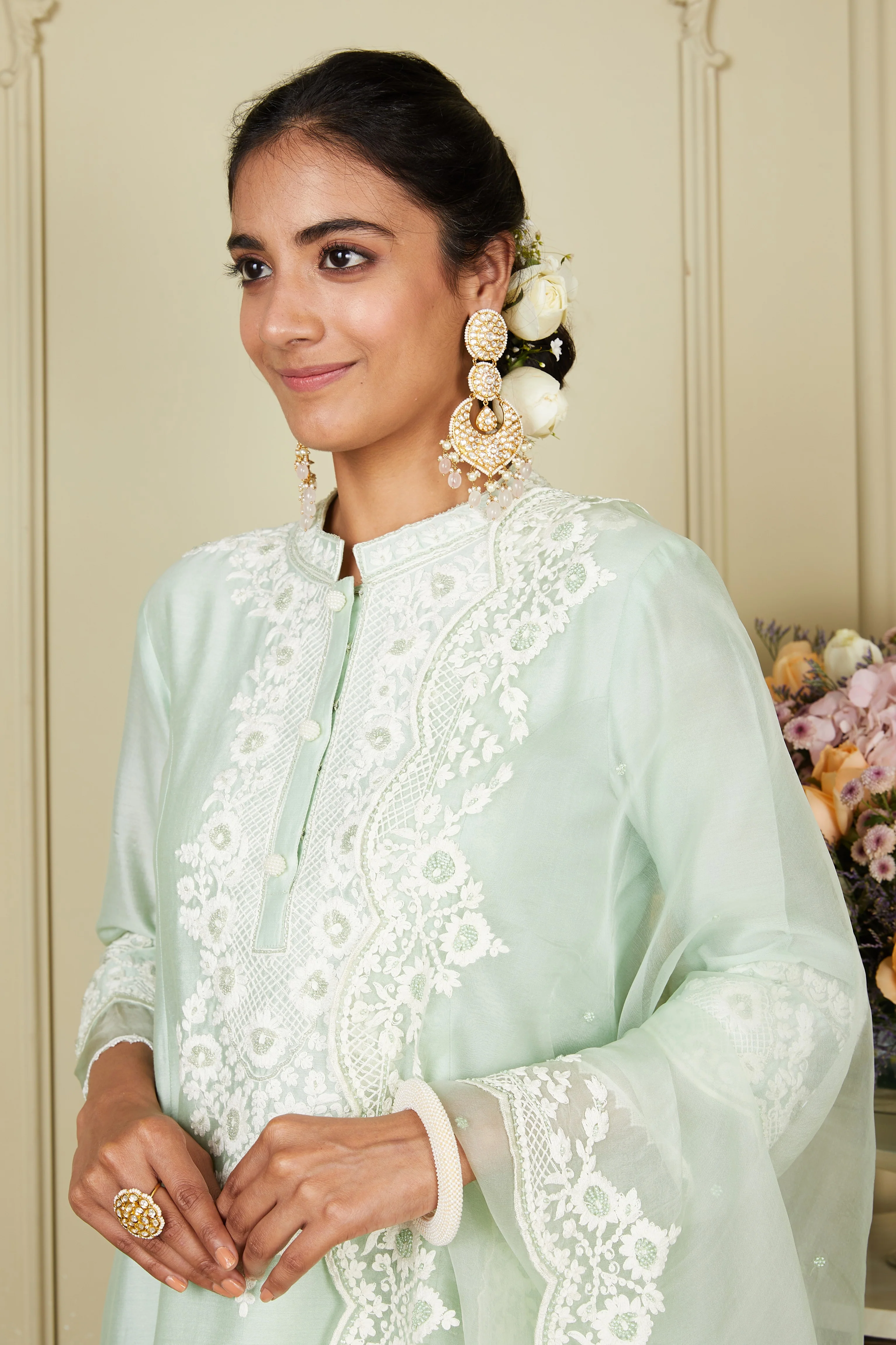 Ryhana - Frosty Green Princess-cut short kurta with salwar and dupatta - Image 9