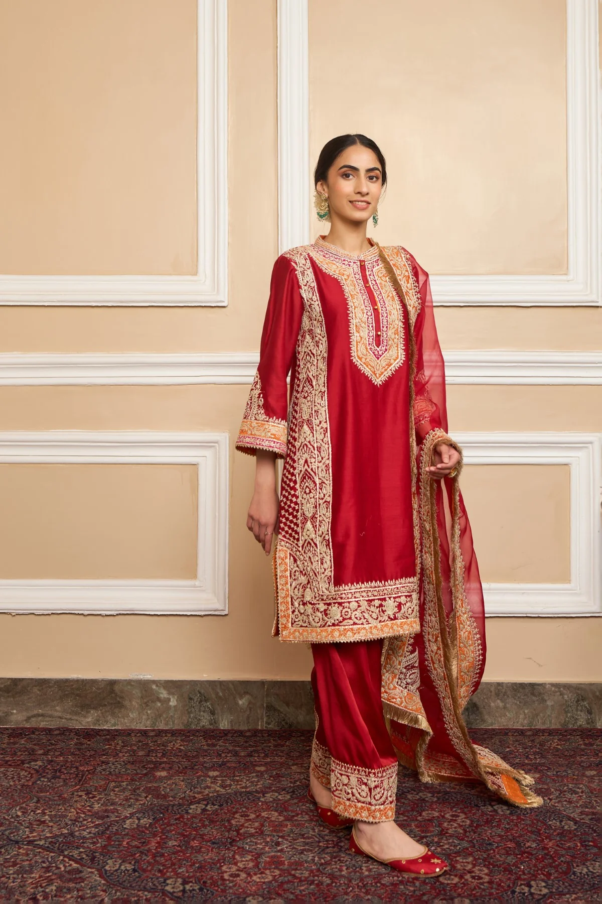 NAAYAAB - DEEP RED SHORT KURTA WITH SALWAR AND DUPATTA - Image 3