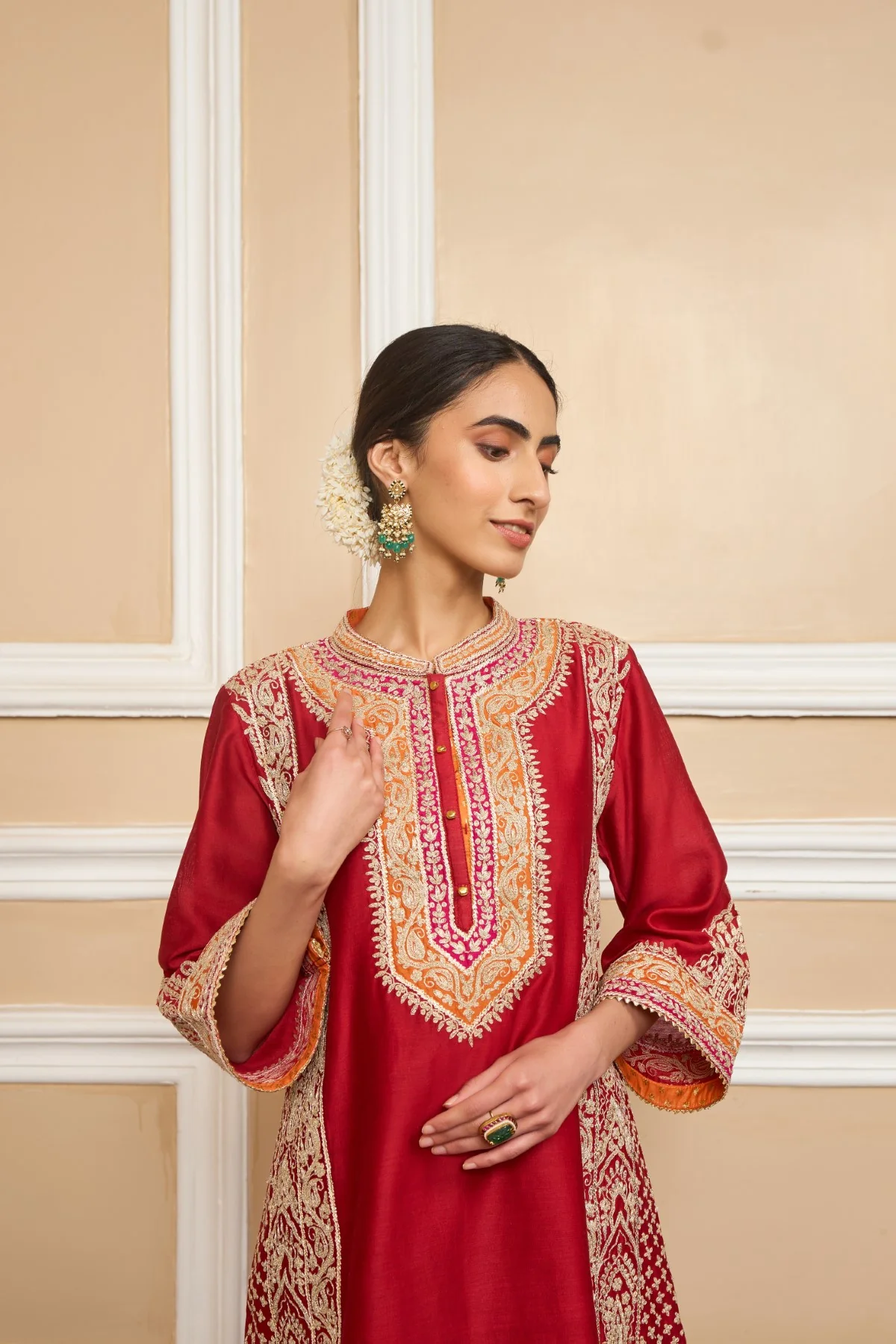 NAAYAAB - DEEP RED SHORT KURTA WITH SALWAR AND DUPATTA - Image 6