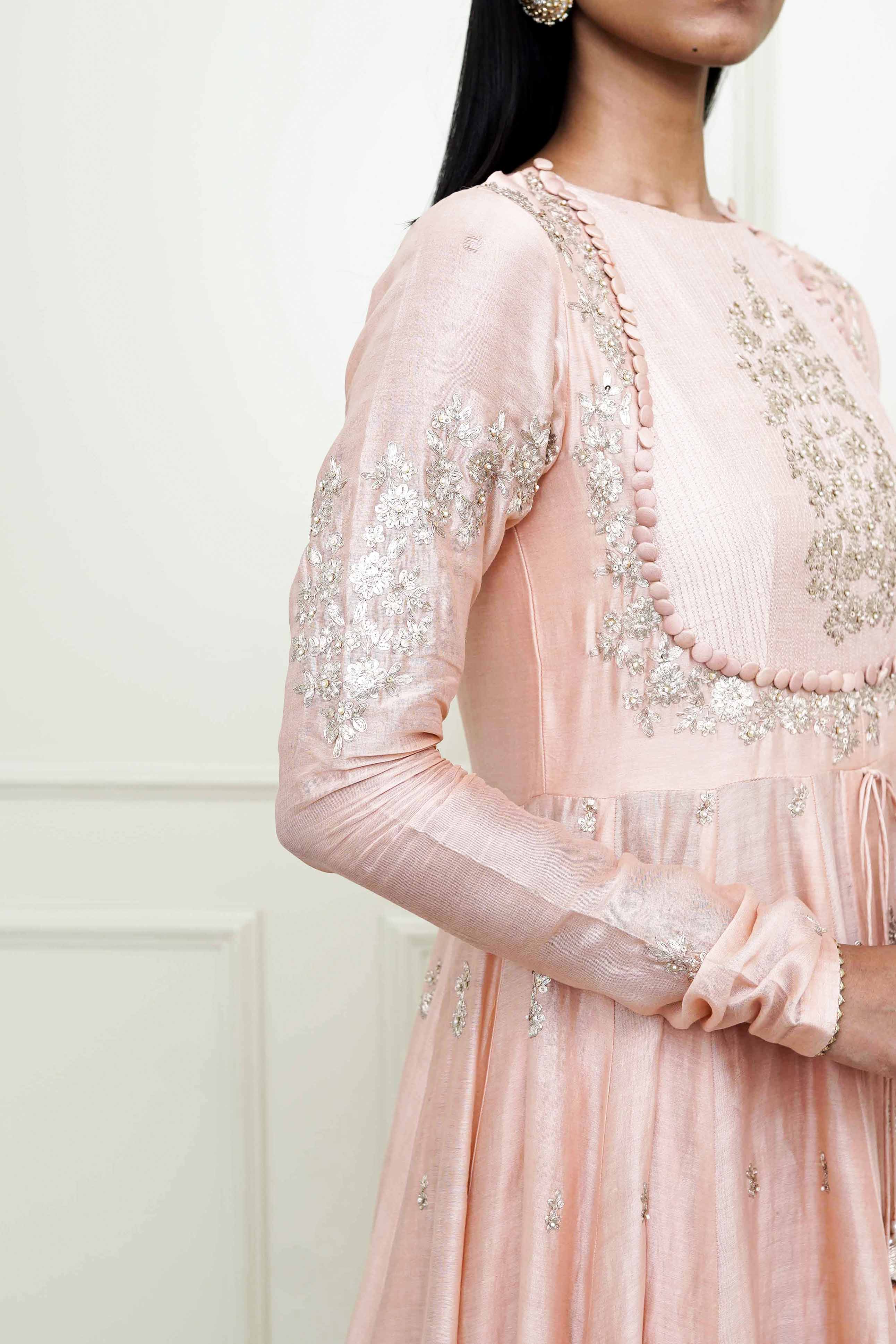 Taarini-Pearl Pink Tilla Embroidered Anarkali Set - Image 4
