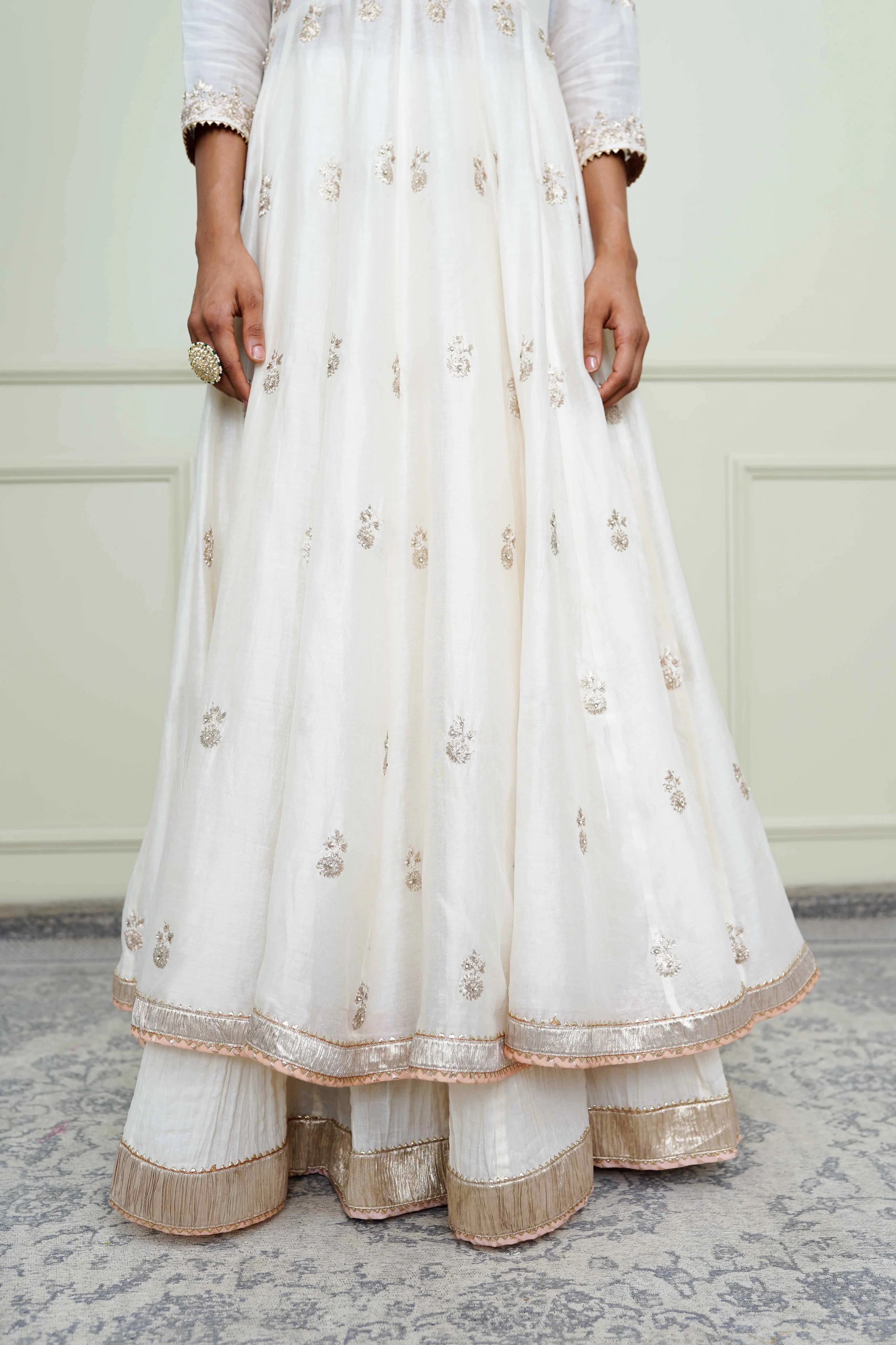Taveshi-Daisy Ivory Pearl Embroidered Anarkali Set - Image 5