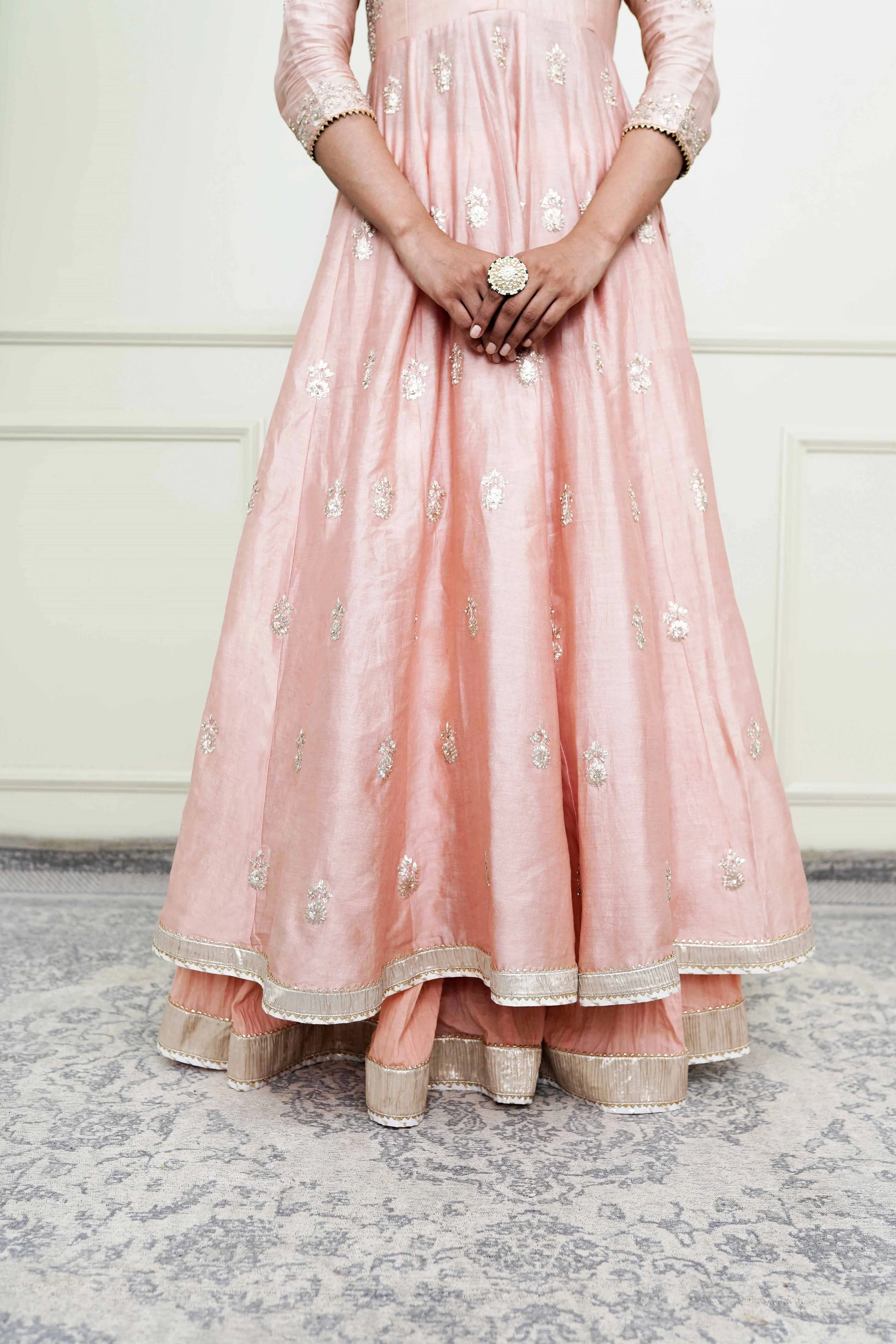 Taveshi-Pearl Pink Pearl Embroidered Anarkali Set - Image 4