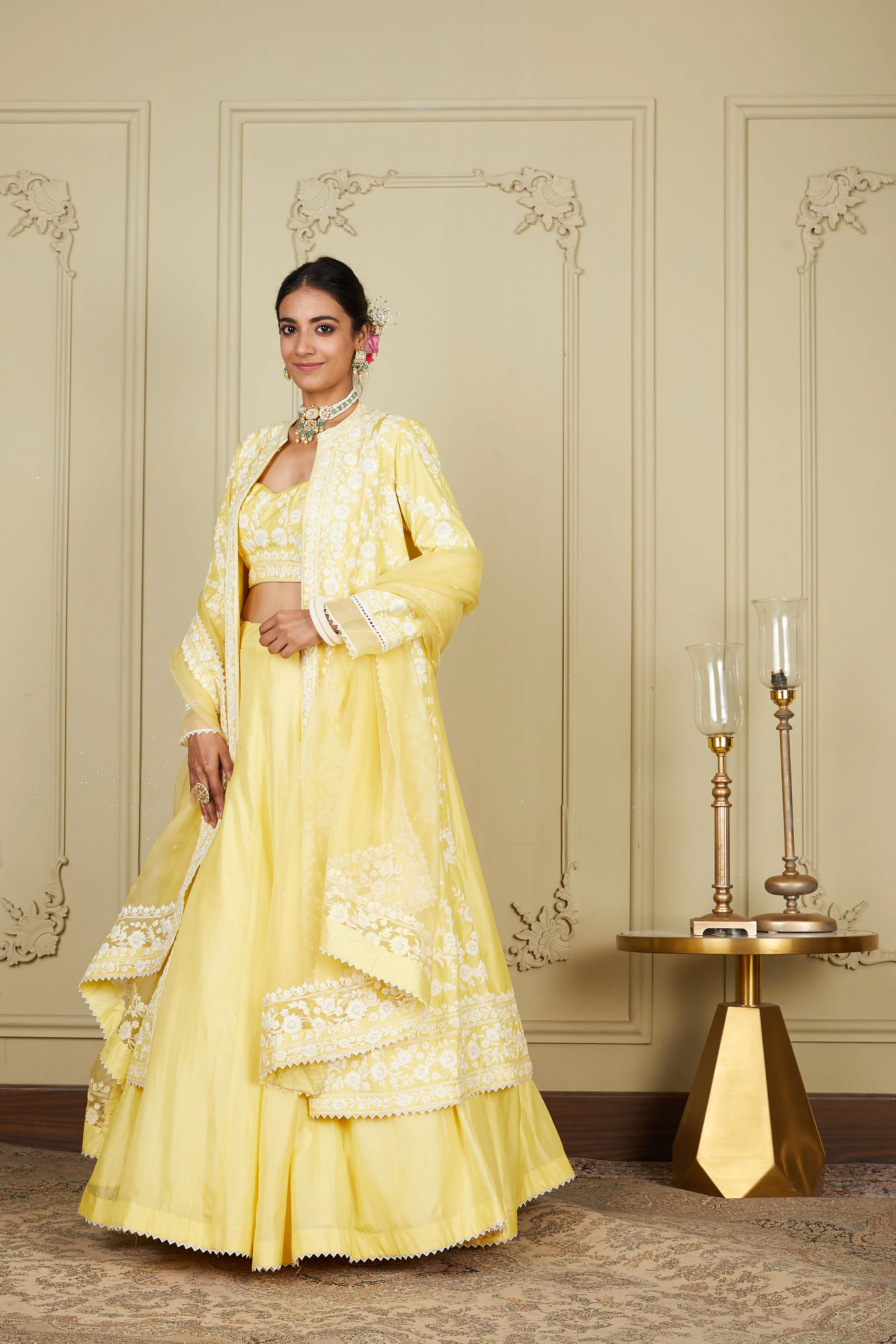 Zahria - Lemon Yellow Jacket, lehenga with blouse and dupatta - Image 11