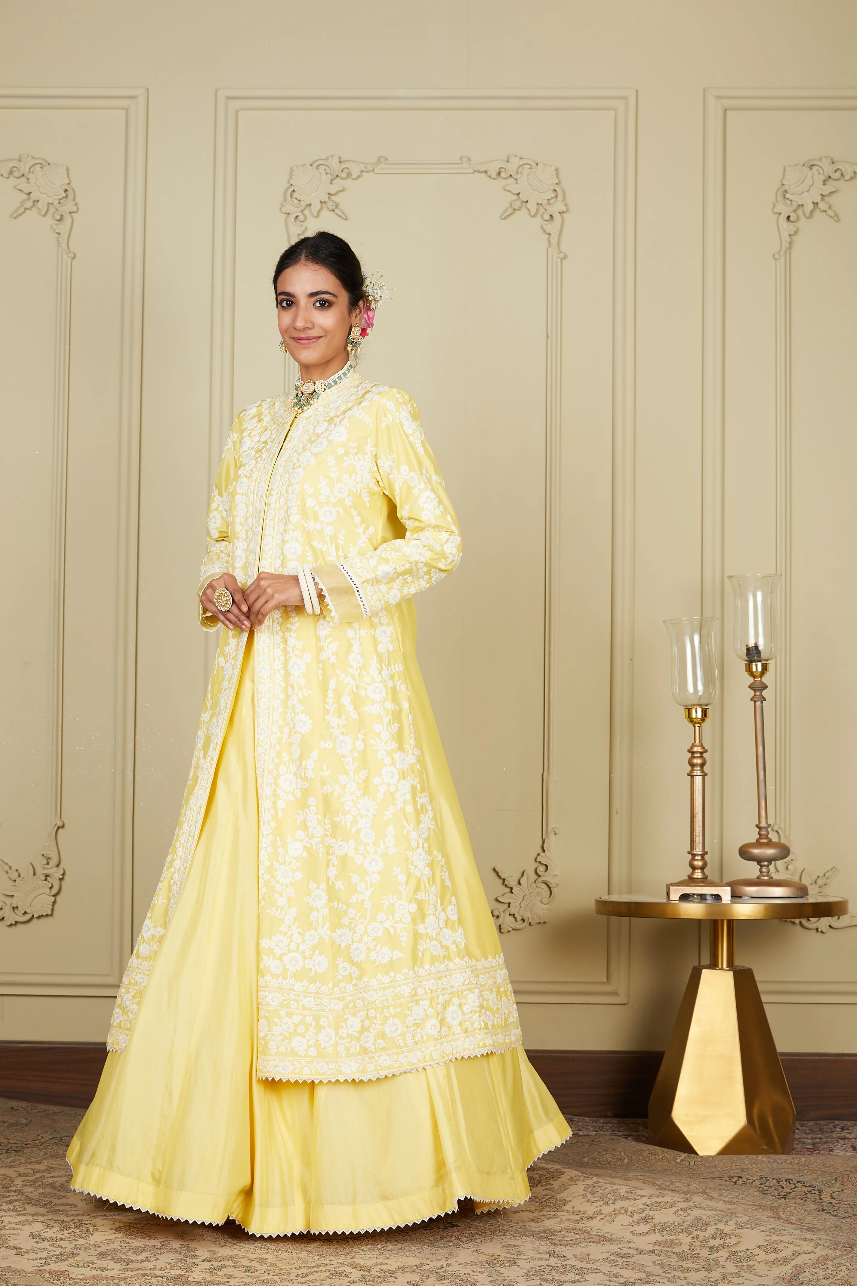 Zahria - Lemon Yellow Jacket, lehenga with blouse and dupatta - Image 3