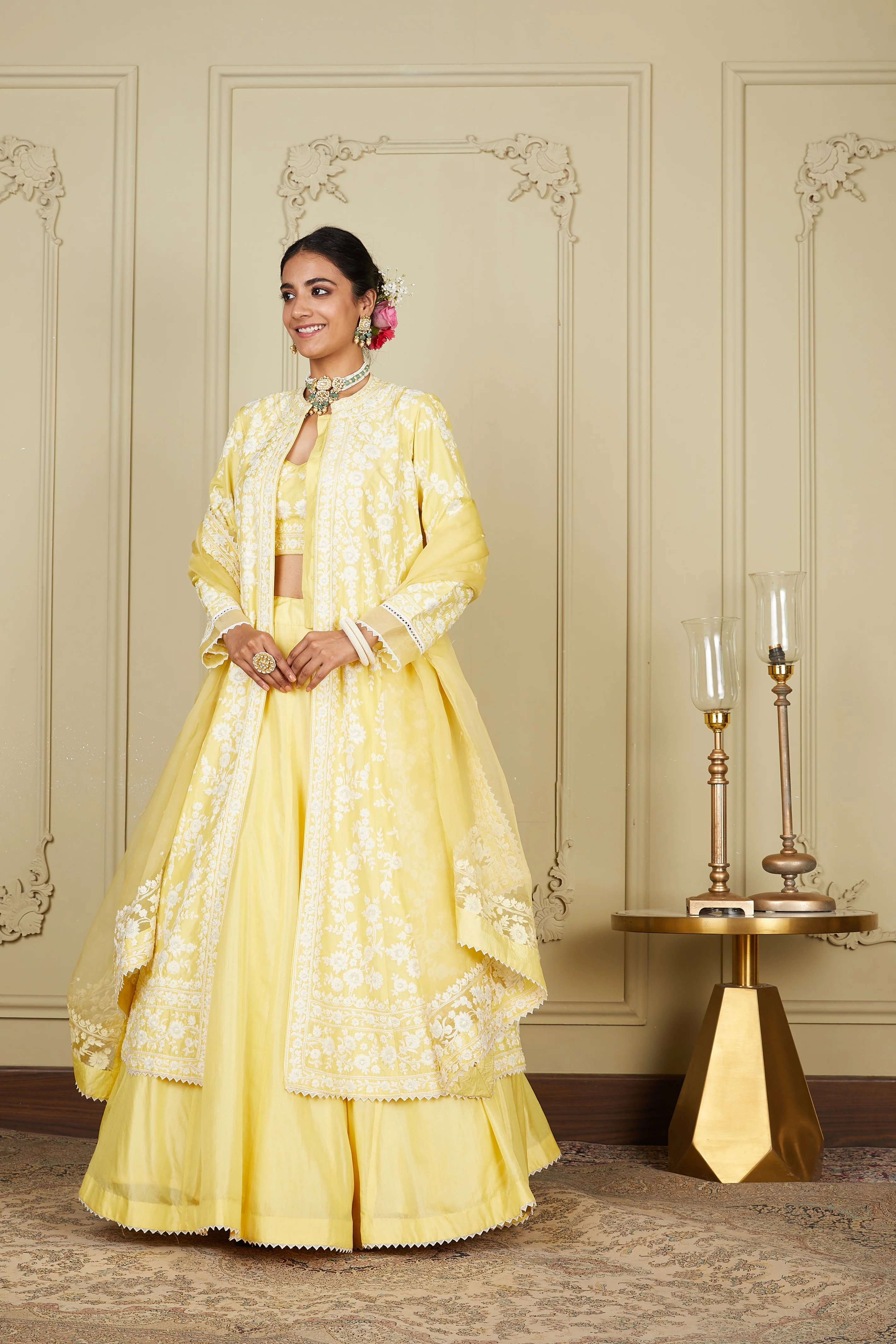 Zahria - Lemon Yellow Jacket, lehenga with blouse and dupatta - Image 9